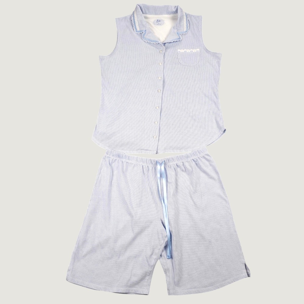 Aria Womens Blue White Striped Seersucker Sleeveless Pajama Shorts PJ Set M